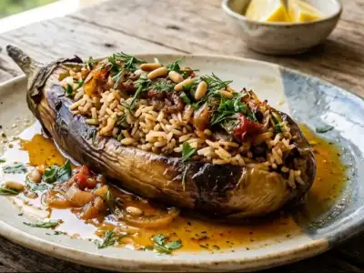 Greek cuisine stuffed eggplant with beef mince 1
